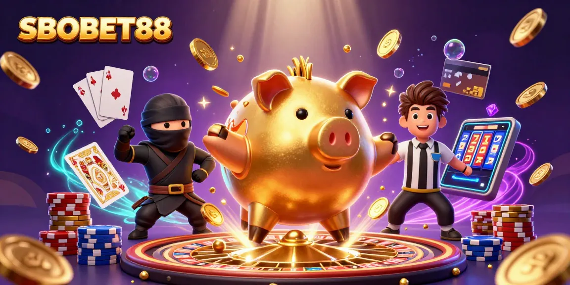SBOBET88 hadir dengan ilustrasi 3D menakjubkan menggambarkan keseruan taruhan olahraga dan permainan kasino.