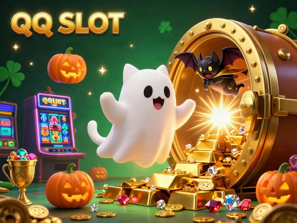 Experience the magical QQ SLOT world with a friendly ghost cat and a vampire bat in a vibrant casino.
