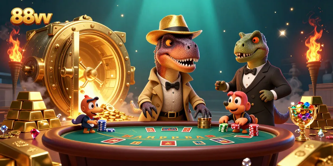 Experience thrilling casino action with 88vv featuring animated dinosaurs at a blackjack table.