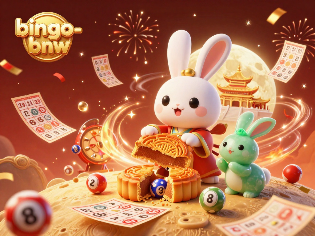 Bingo-bnw creates excitement with a festive illustration featuring vivid bingo balls, a moon rabbit, and festive decorations.