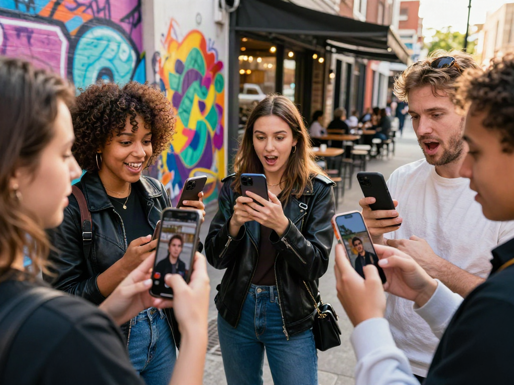 Group of friends joyfully comparing celebrity look-alike results using a mobile app outdoors, showcasing the fun of finding which celebrity they look like.