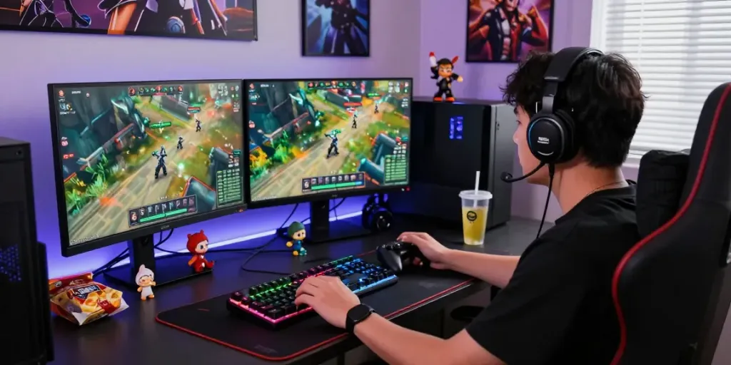 Penggemar diana4d bermain game online di setup gaming modern dengan suasana energik.