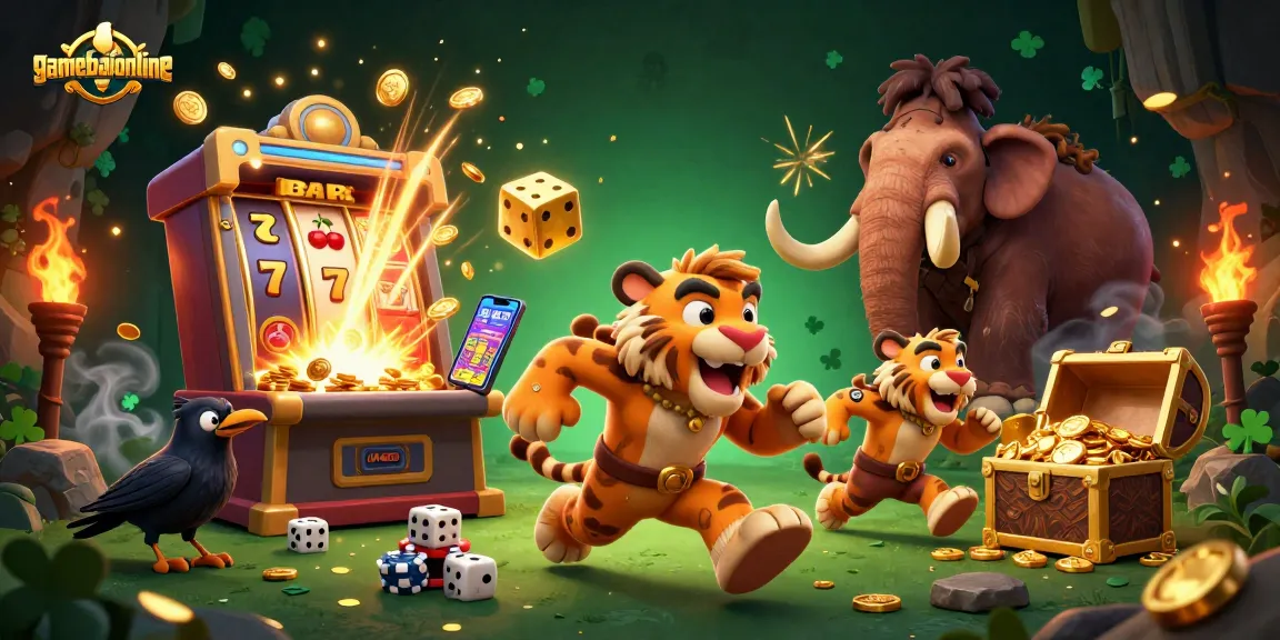 Engage in thrilling gaming at gamebaiionline with a lively prehistoric casino scene.