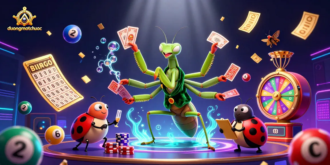 Experience duongmatchuoc's dynamic gaming environment with a giant praying mantis card sharpy dealing and ladybug boss overseeing vibrant lottery elements.