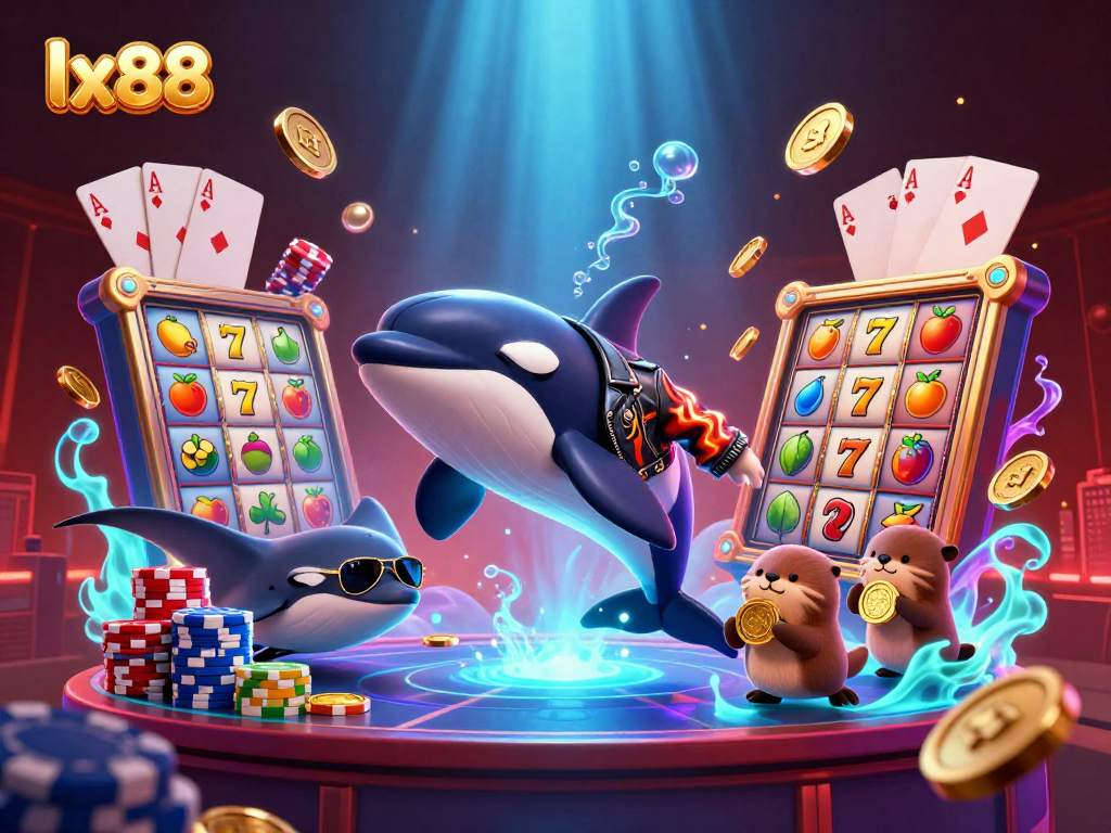 Engage with lx88's exciting casino adventure featuring a dynamic orca, stingray, and sea otters amidst slot elements.