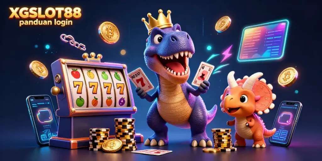 Menggunakan XGSLOT88 panduan login, karakter kartun bermain slot dan mengumpulkan chip emas.