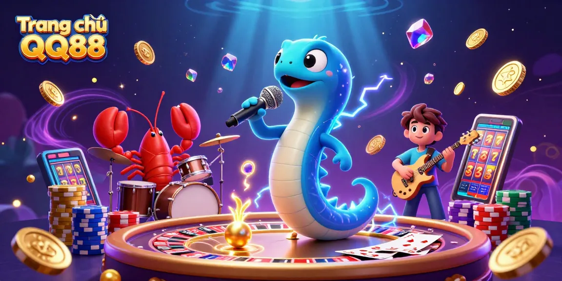 Experience the underwater casino stage with Trang chủ QQ88, featuring a DJ electric eel and vibrant gaming elements.
