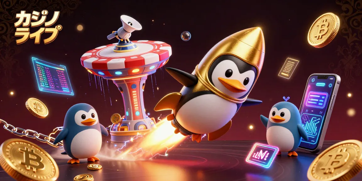 カジノ ライブのシーンで宇宙を航行する金色のペンギンが描かれたイラスト