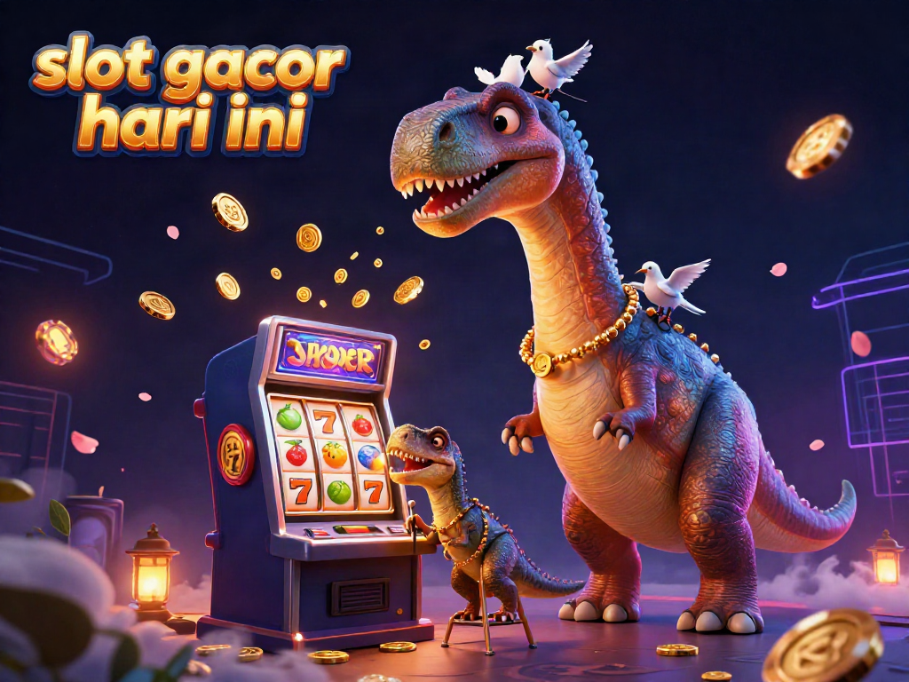 Ilustrasi 3D dari slot gacor hari ini yang menunjukkan brontosaurus dan raptor di kasino.