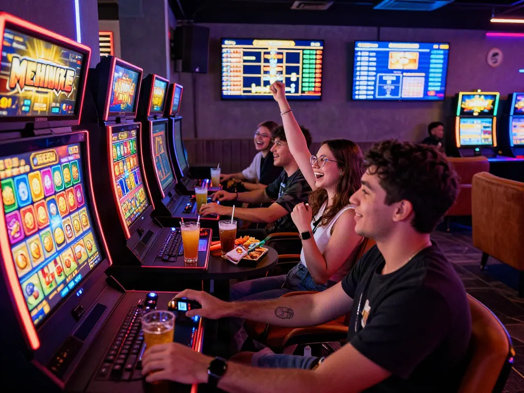 Exciting scene of players enjoying a captivating slot game experience in a modern gaming lounge.