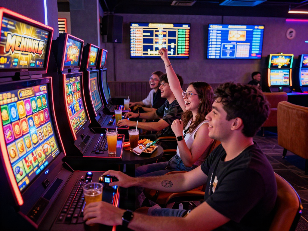 Exciting scene of players enjoying a captivating slot game experience in a modern gaming lounge.