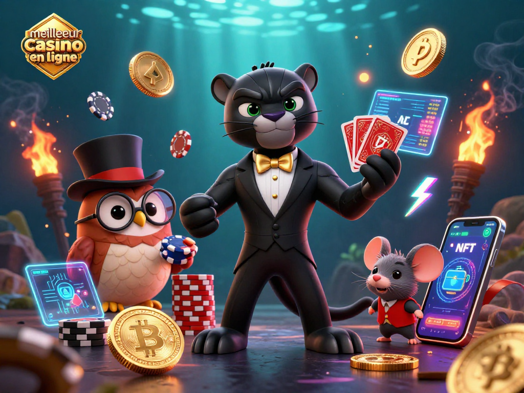 Découvrez le meilleur casino en ligne avec une illustration 3D mettant en avant une panthère élégante, une chouette et une souris chanceuse.