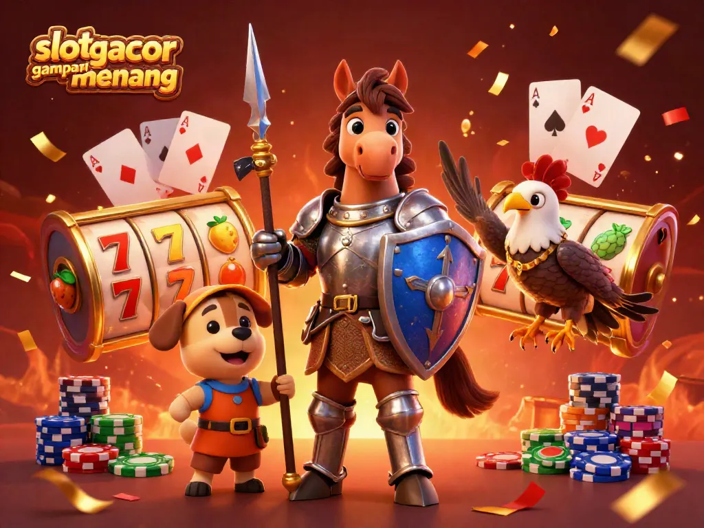 Engaging 3D illustration showcasing "slot gacor gampang menang" with a knight, squire, and falcon amid dynamic casino elements.
