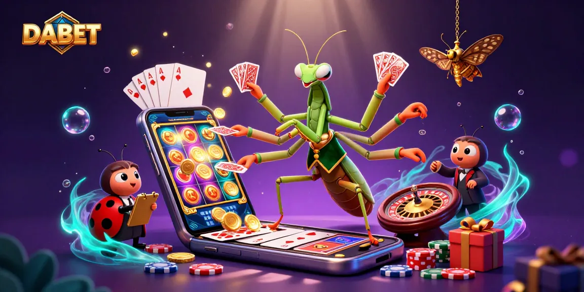 DABET showcases an exciting scene with a giant mantis dealer and ladybug pit boss amidst vibrant casino elements.