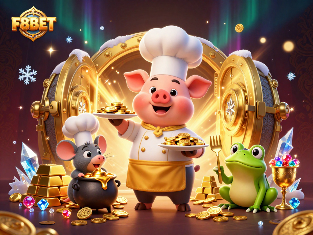 Experience exciting gaming with F8BET featuring a chef pig, sous-chef mouse, and critic frog surrounded by gold.