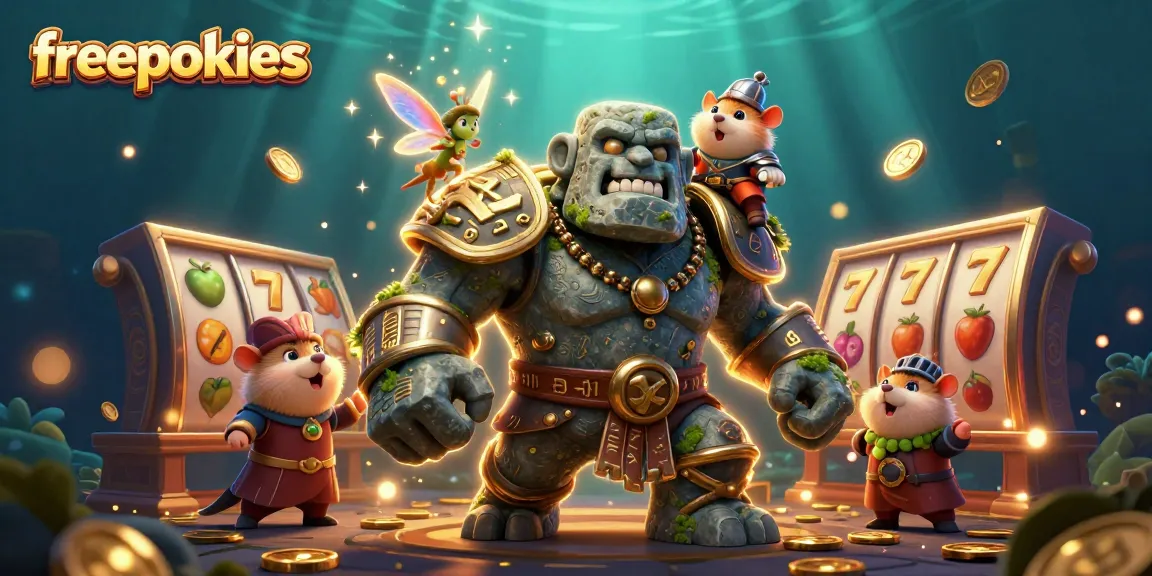 Play exciting freepokies with a magical golem and fairy in a vibrant casino setting.