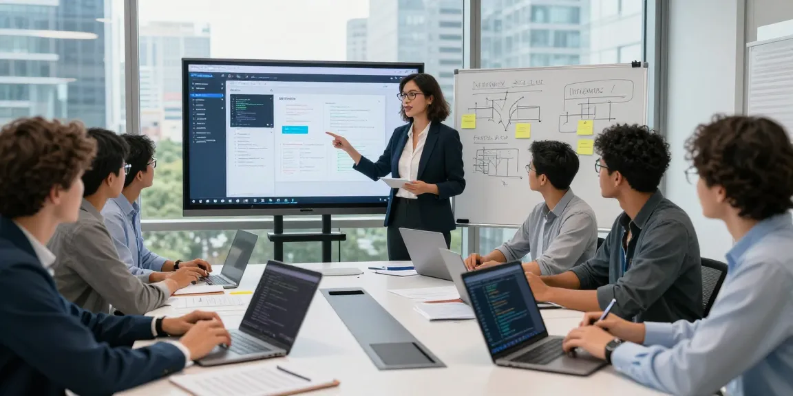 Build internal tools with AI in a collaborative workspace, showcasing team members engaging and presenting an internal tool prototype.