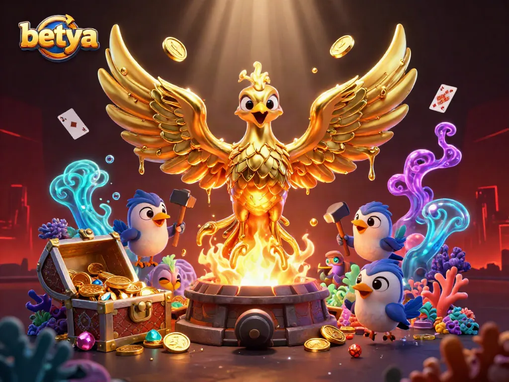 Experience the thrilling energy of betya with a molten golden phoenix and overflowing treasures in a dynamic casino scene.