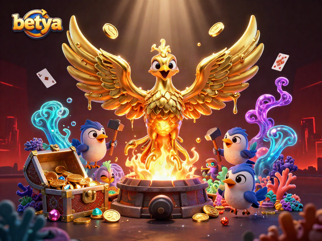 Experience the thrilling energy of betya with a molten golden phoenix and overflowing treasures in a dynamic casino scene.